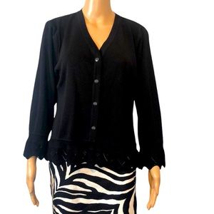 Misook black V-neck button down lace embellishment on sleeves and hemline.